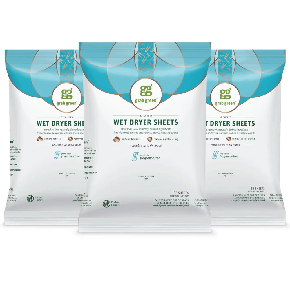 Grab Green Wet Dryer Sheets, 96 Count, Fragrance Free, Plant Based, Softens Fabrics, Reduces Static Cling and Wrinkles