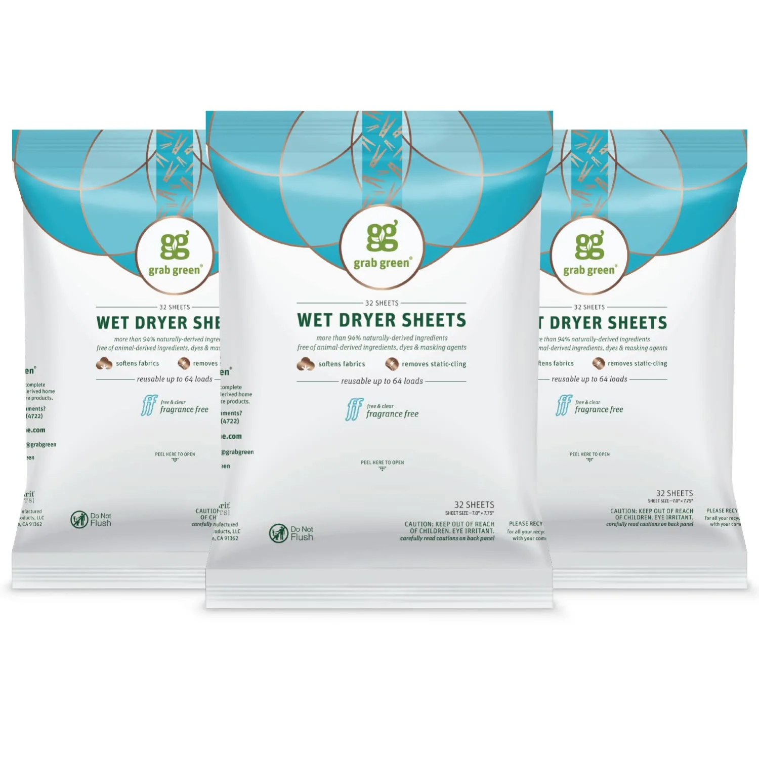 Grab Green Wet Dryer Sheets, 96 Count, Fragrance Free, Plant Based, Softens Fabrics, Reduces Static Cling and Wrinkles