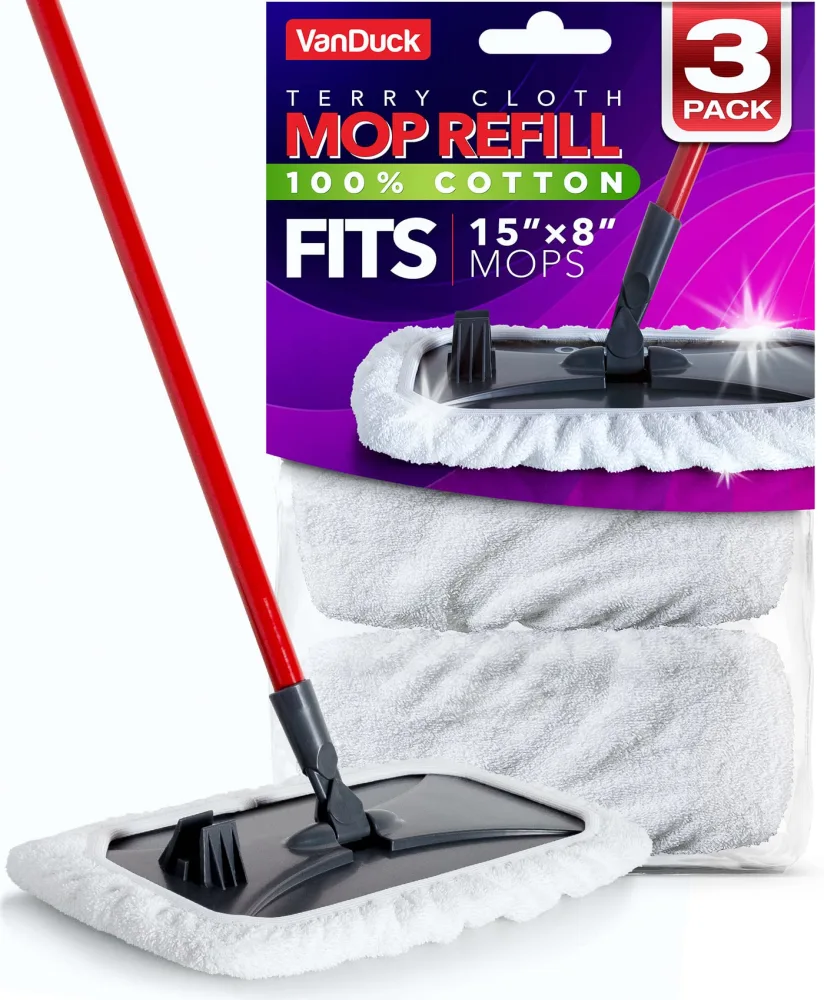 100% Cotton Terry Mop Pads 15x8 Inches 3-Pack, Terry Cloth Mop Covers (Handle is Not Included)