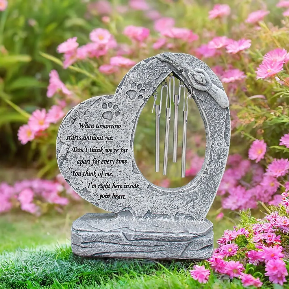 Heart Shaped Paw Prints Dog Pet Memorial Stones with Wind Chimes, Loss of Headstones Grave Markers for Pet Dog Memorial Gifts for Garden Backyard Patio or Lawn