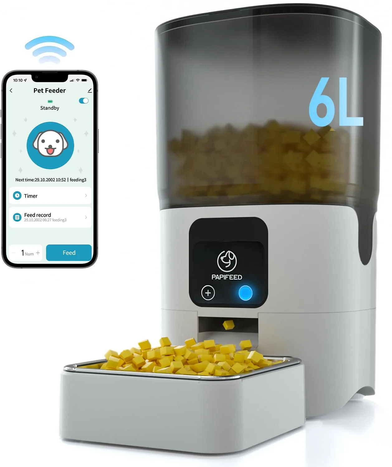 PAPIFEED Smart Automatic Cat Feeder: WiFi Pet Feeder with APP Control for Remote Feeding,Detachable for Easy Clean, Automatic Cat Food Dispenser with Alexa,1-30 Meals Per Day for Large Dog (6L/25Cup)