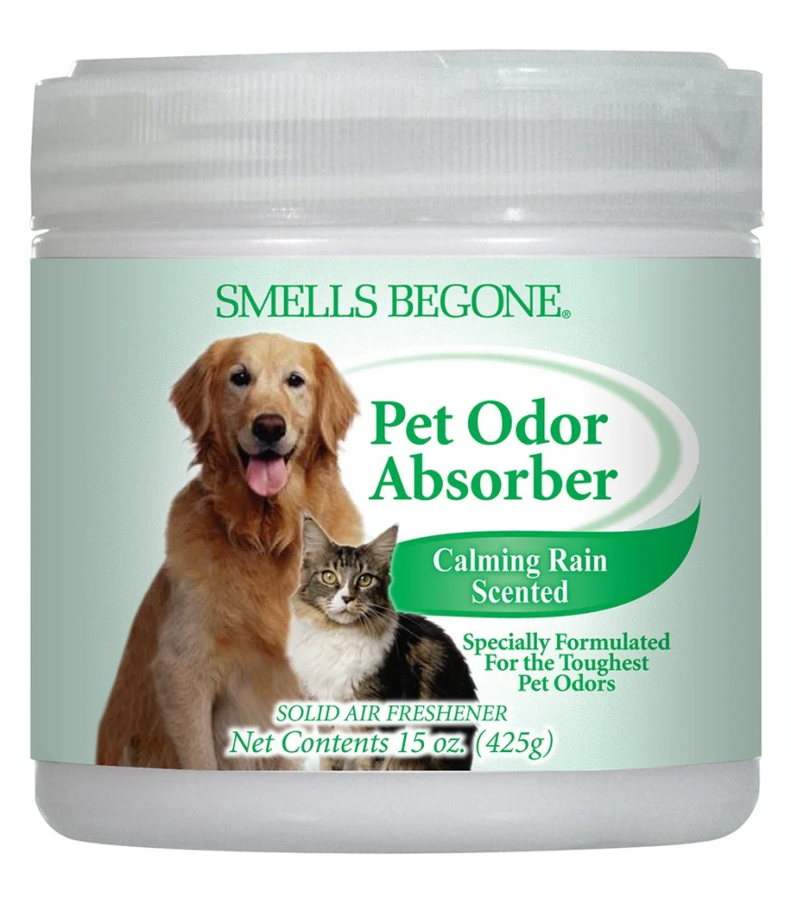 SMELLS BEGONE Pet Odor Absorber Gel - Air Freshener - Absorbs Odor from Bathrooms, Cars, Pet Areas, Boats & RVs - Made with Essential Oils - Calming Rain Scent - 15 Ounce