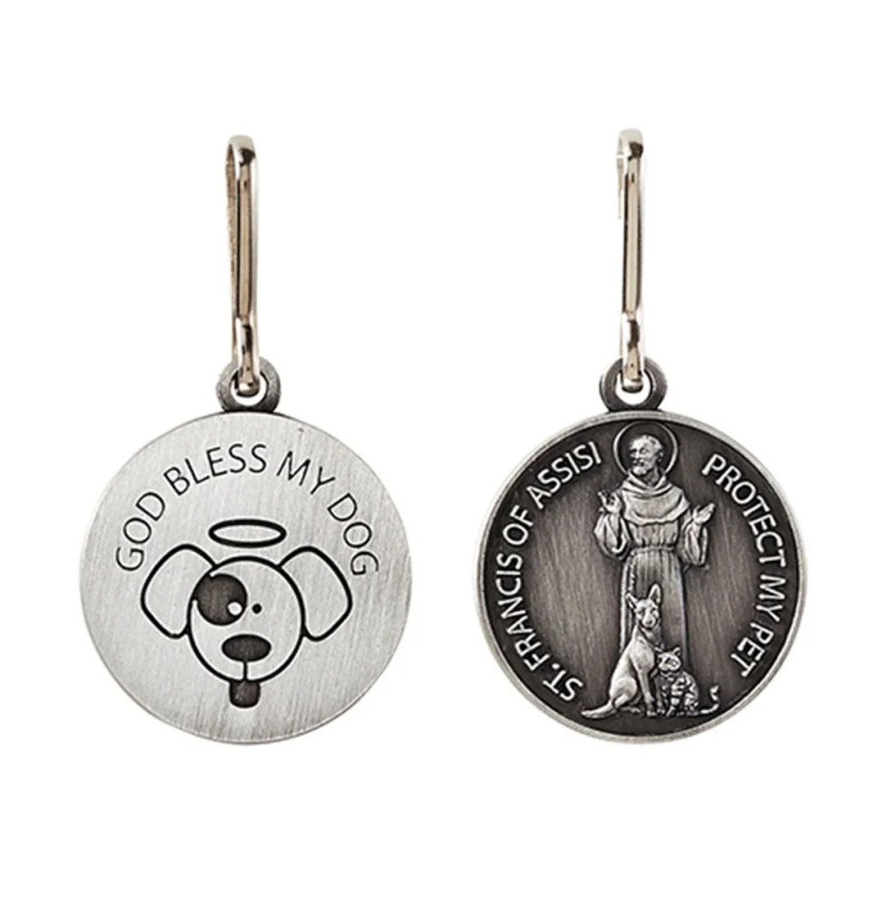 Silver Toned Saint St Francis Protect My Pet Collar Medal, 1 Inch