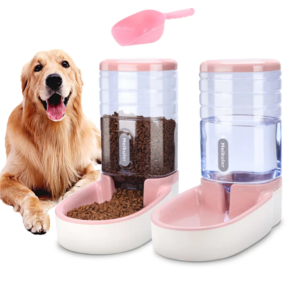 Meikuler Pets Auto Feeder 3.8L,Food Feeder and Water Dispenser Set for Small & Big Dogs Cats and Pets Animals (Pink)