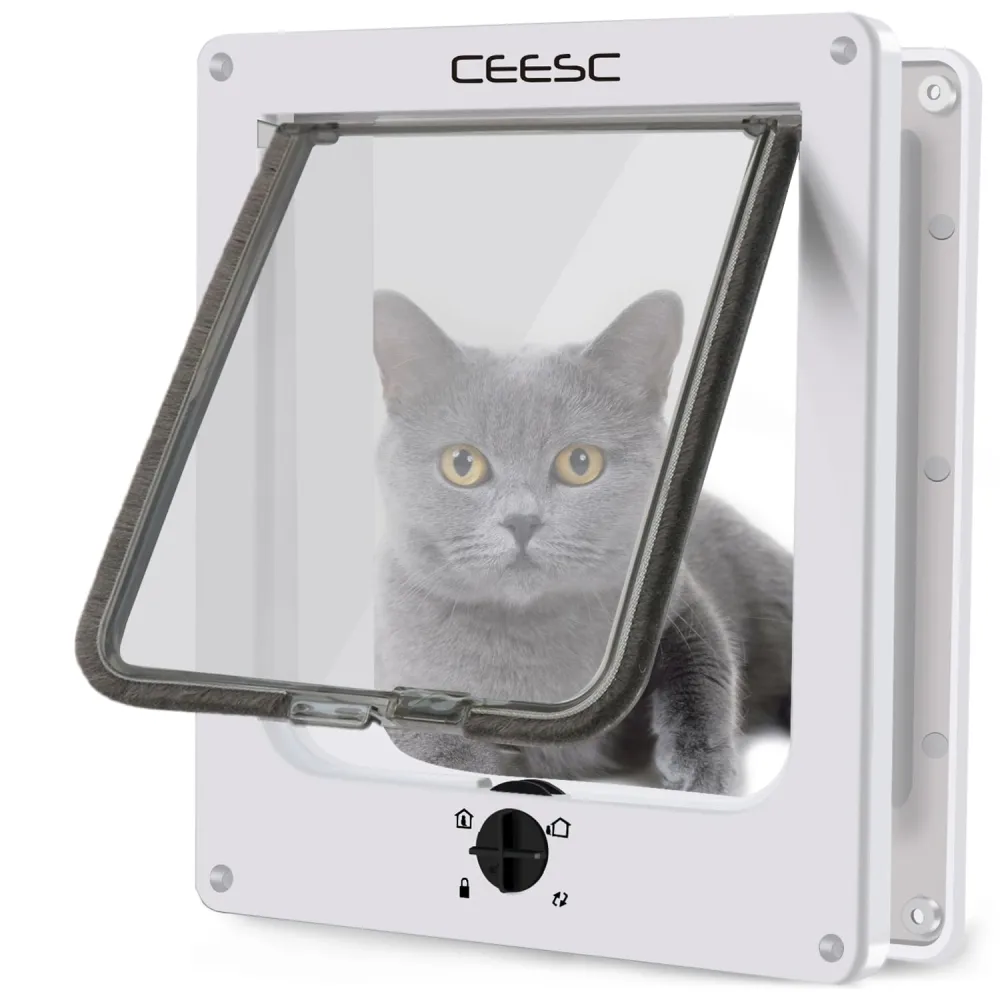 CEESC Large Cat Door for Interior/Exterior Door, Weatherproof, White, Rotary 4 Way Locking Pet Door for Cats & Dogs with Circumference < 23.62", Upgraded Version