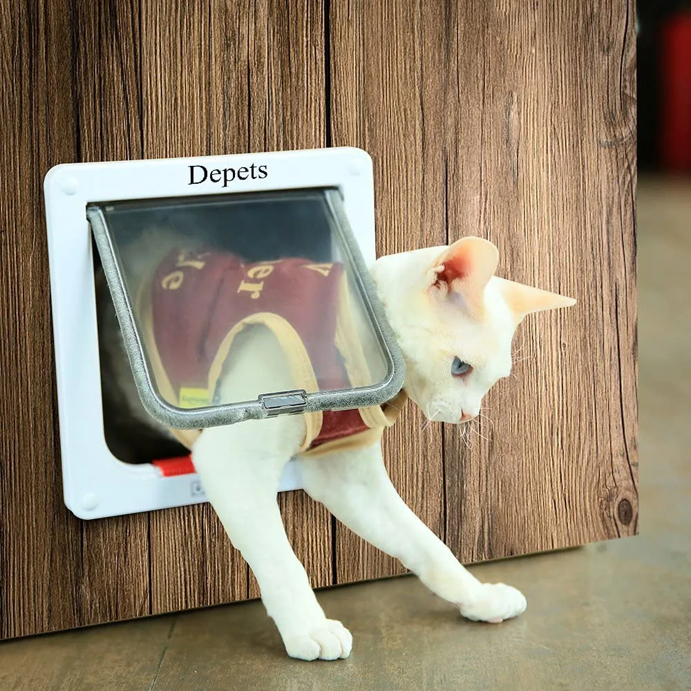 Depets Medium Cat Flap Door with 4 Way Lock (Outer Size 7.5" x 7.8"), Magnetic Pet Door Kit White, Weather-Resistant Cat Door for Cats & Doggy