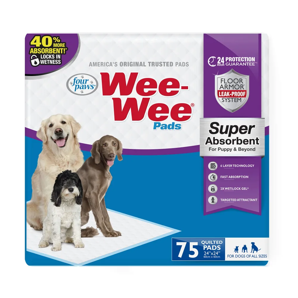 Four Paws Wee-Wee Super Absorbent Unscented Pee Pads for Dogs & Puppies with Insta-Rise Border, Leak-Proof Dog Housebreaking Potty Training Floor Protection, 24" x 24", 75 Count (Packaging May Vary)