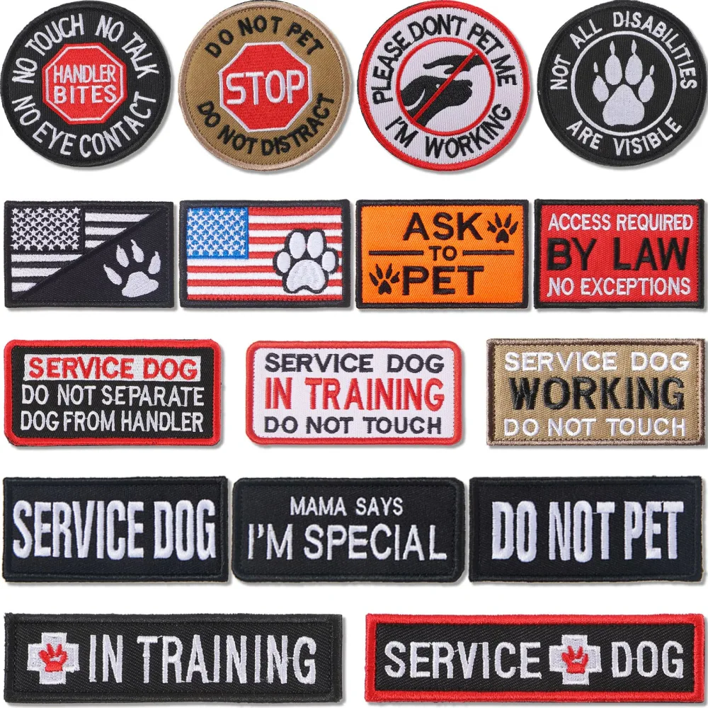 16 Pieces Service Dog Patch Please Do Not Pet in Training Patches Removable Tactical Embroidered Badge for Service Dog Harness Vest Collar Clothes