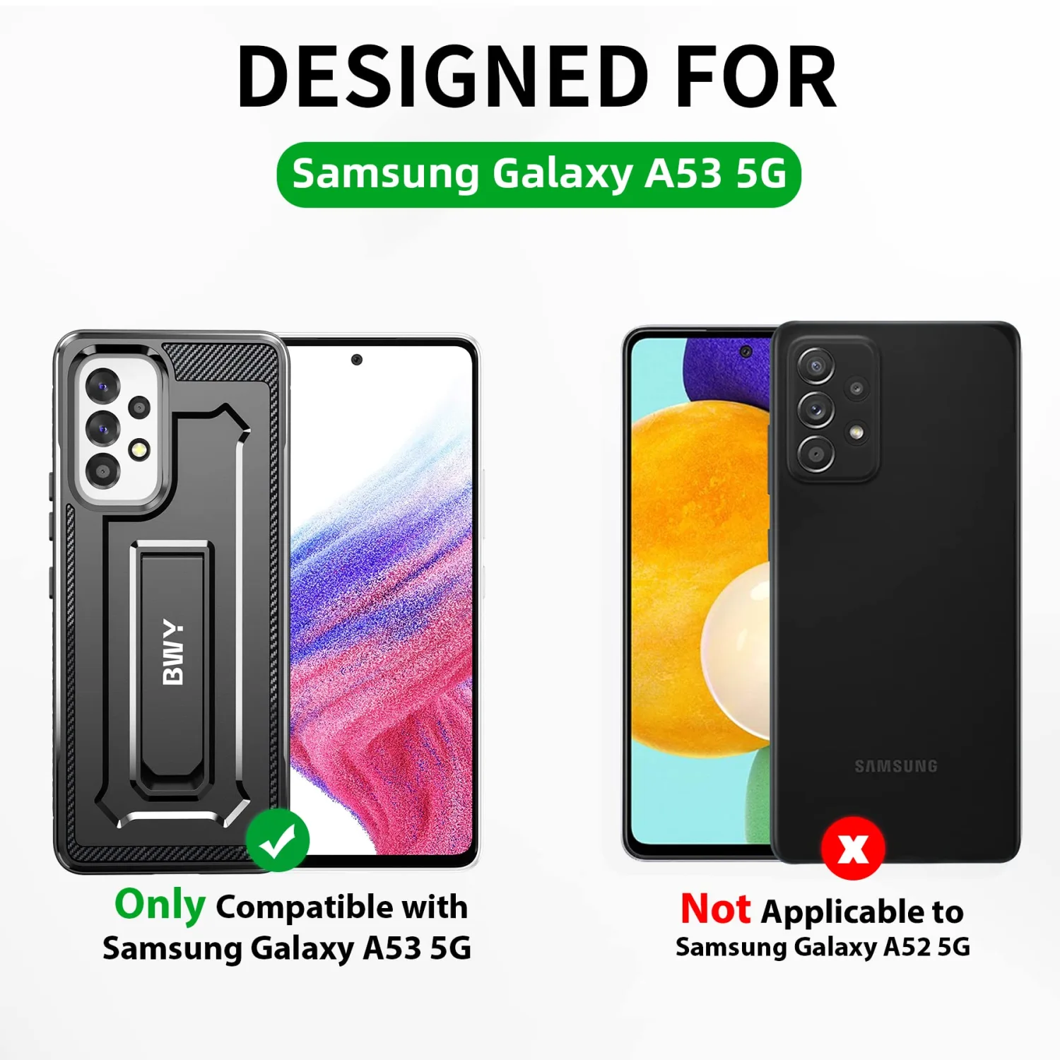BWY Case for Samsung A53 5G, Full Body Rugged Cover with Screen Protector, Military Protective Case for Samsung Galaxy A53 5G Phone with Foldable Kickstand Black