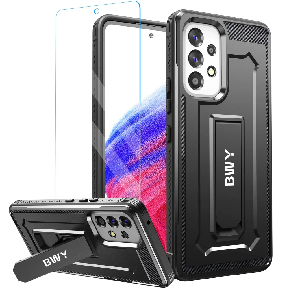 BWY Case for Samsung A53 5G, Full Body Rugged Cover with Screen Protector, Military Protective Case for Samsung Galaxy A53 5G Phone with Foldable Kickstand Black