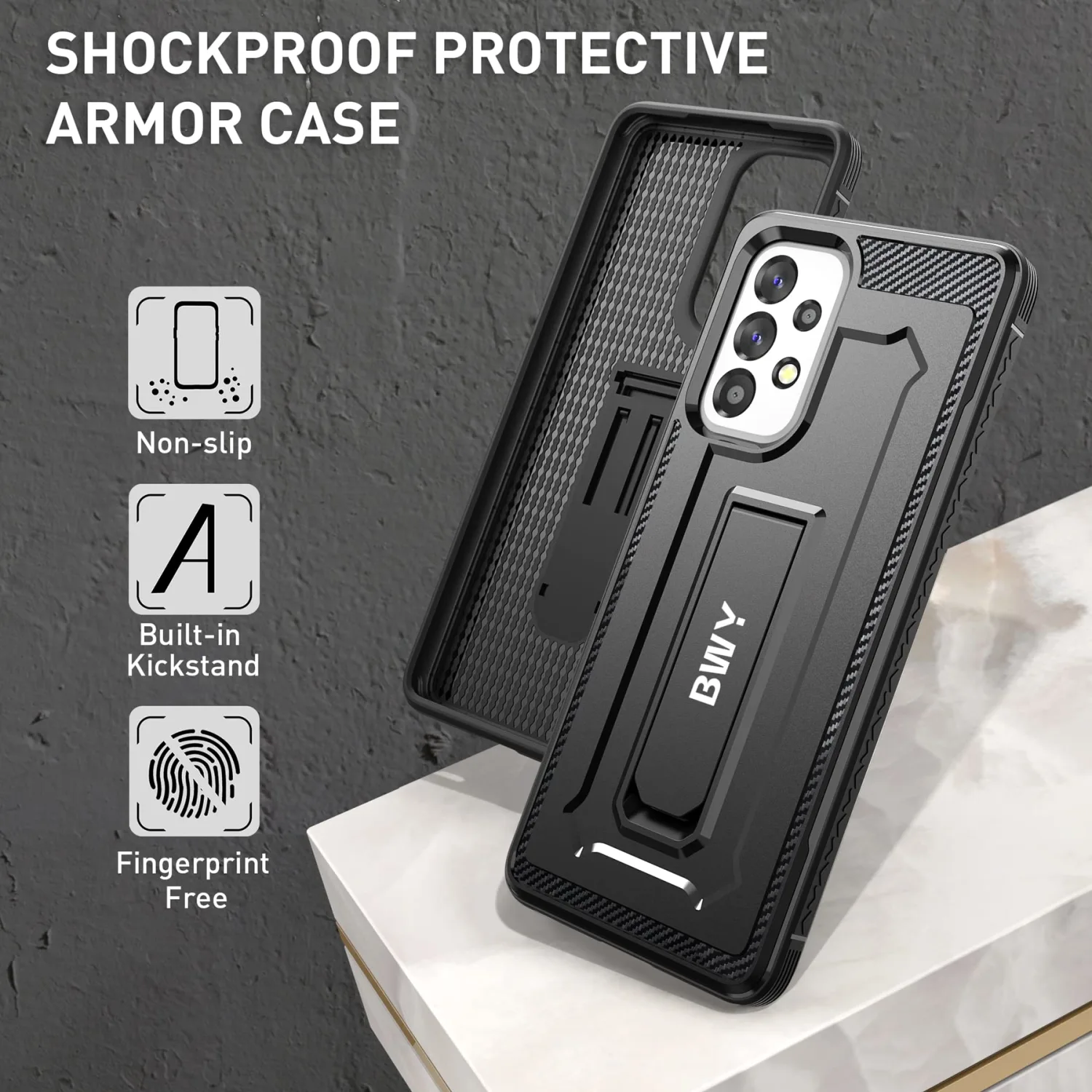 BWY Case for Samsung A53 5G, Full Body Rugged Cover with Screen Protector, Military Protective Case for Samsung Galaxy A53 5G Phone with Foldable Kickstand Black