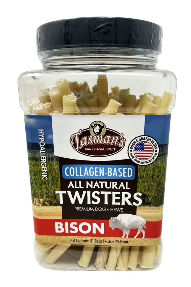 Tasman's Natural Pet Small 5" Bison Collagen-Based Twisters, 75 Count Jar. Traditional Rawhide Alternative