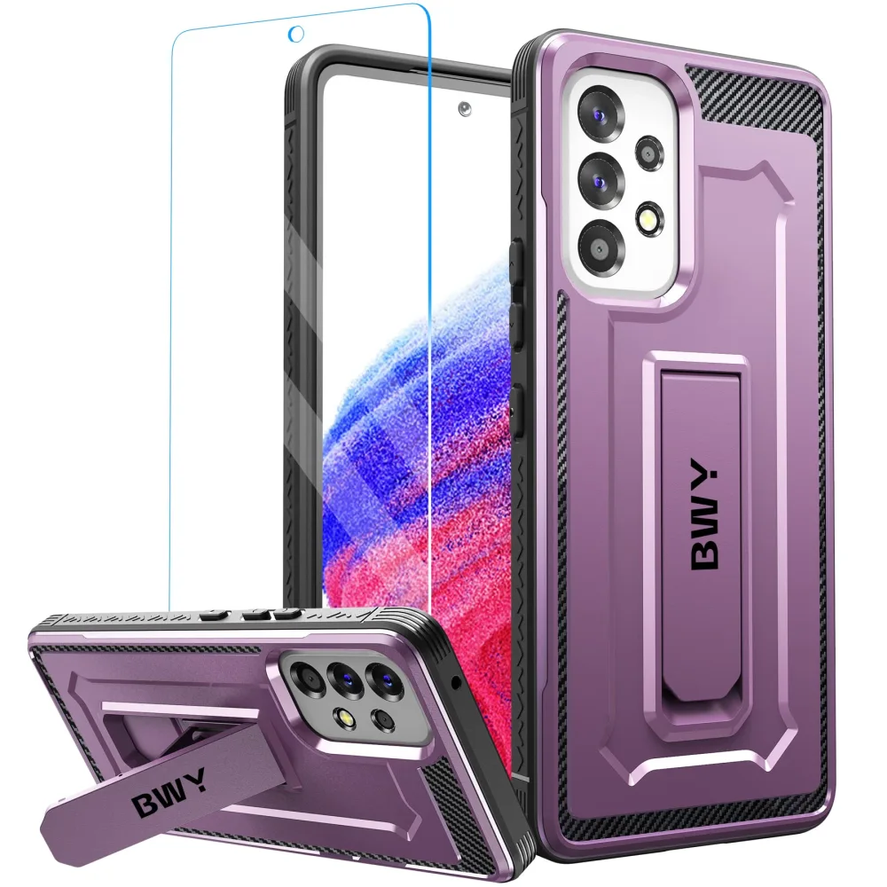 BWY Case for Samsung A53 5G, Full Body Rugged Cover with Screen Protector, Military Protective Case for Samsung Galaxy A53 5G Phone with Foldable Kickstand, Purple