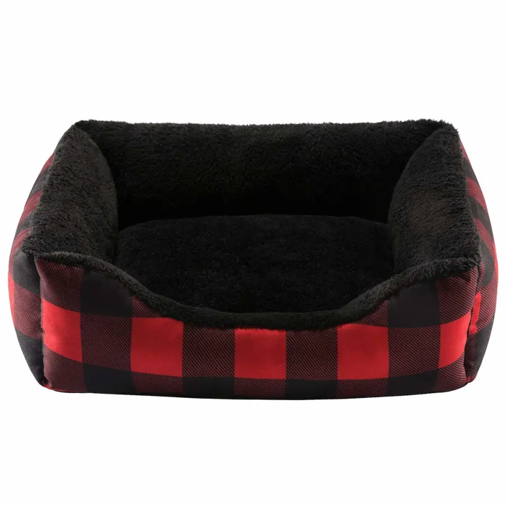 Hollypet Printed Flannel Rectangle Plush Dog Cat Bed Self-Warming Pet Bed, Red Checked