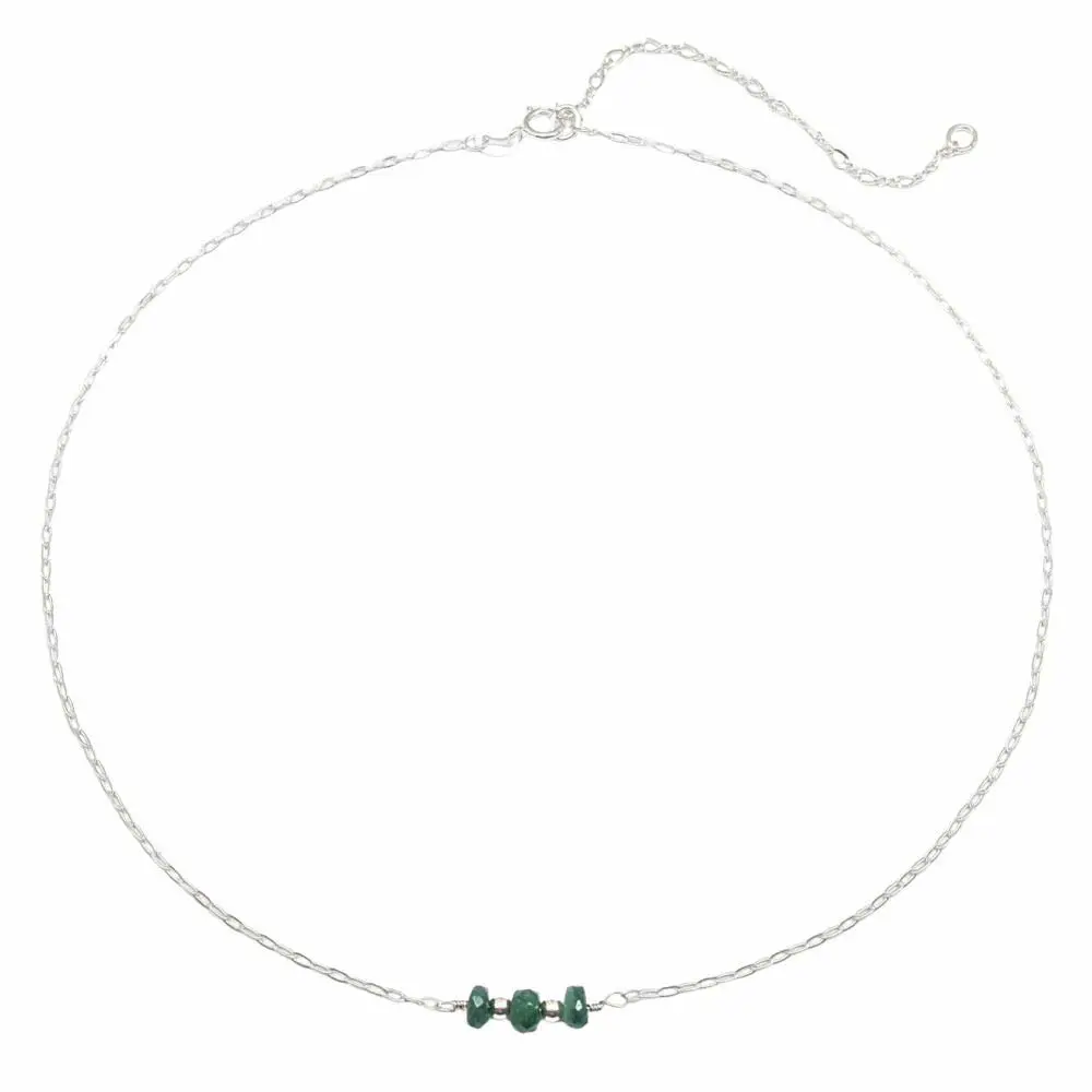 Sterling Silver Genuine Emerald Faceted Handmade Adjustable Dainty Choker Necklace 14" +3" Extender