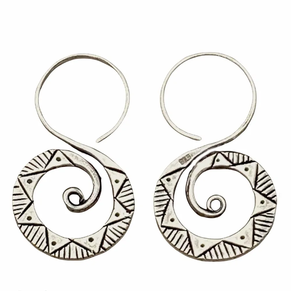 Sterling Silver Boho Hippie Spiral Earrings, Handmade Tribal Ethnic with Geometric Pattern 1 1/2 inches long Swirl Earrings, Gift for her