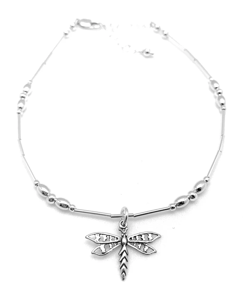 Dragonfly Anklet Sterling Silver Beach Gift (Large 9 1/2" to 11")