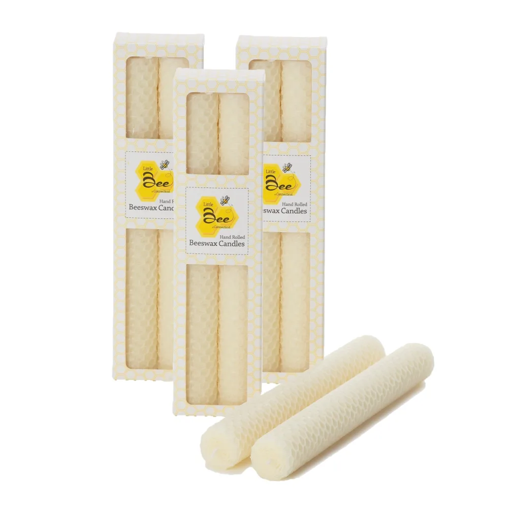 8 Inch Hand-Rolled Beeswax Taper Candles - Little Bee of Connecticut (Three Pairs)