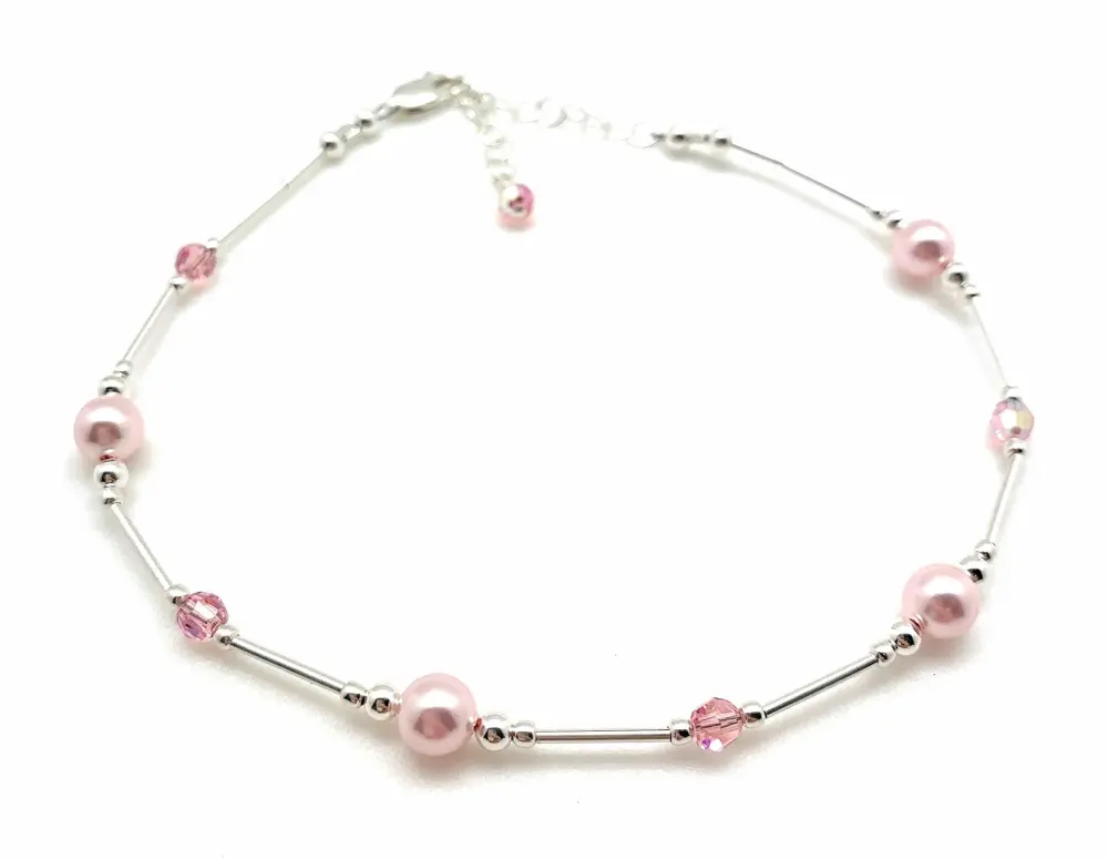 Pink Pearl and Crystal Sterling Silver Anklet Beach Wedding Bridesmaid Anniversary Gift (Averarge 8 1/2" - 10")