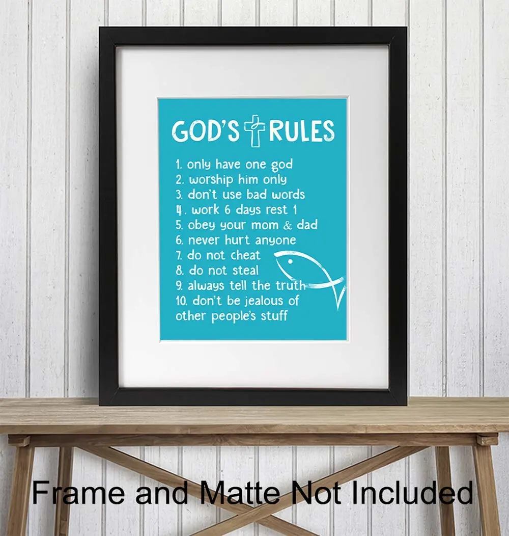 The Ten Commandments - Religious Blessed Wall Decor - Christian Scripture Wall Art - Positive Quotes Wall Decor - Blue Kids Bedroom Decor, Kids Wall Art - Gift For Baby Nursery, Boys or Toddler Room