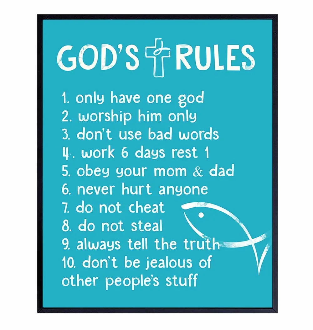 The Ten Commandments - Religious Blessed Wall Decor - Christian Scripture Wall Art - Positive Quotes Wall Decor - Blue Kids Bedroom Decor, Kids Wall Art - Gift For Baby Nursery, Boys or Toddler Room