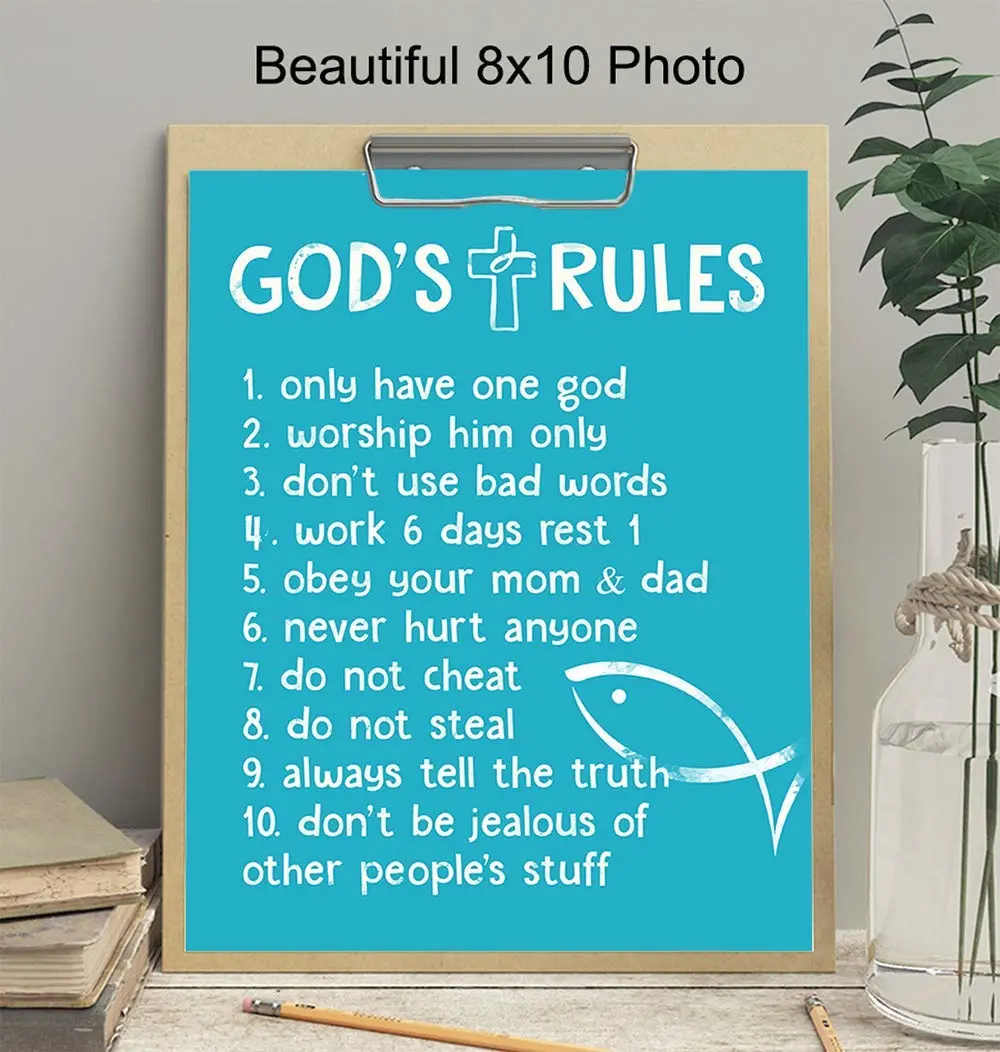 The Ten Commandments - Religious Blessed Wall Decor - Christian Scripture Wall Art - Positive Quotes Wall Decor - Blue Kids Bedroom Decor, Kids Wall Art - Gift For Baby Nursery, Boys or Toddler Room
