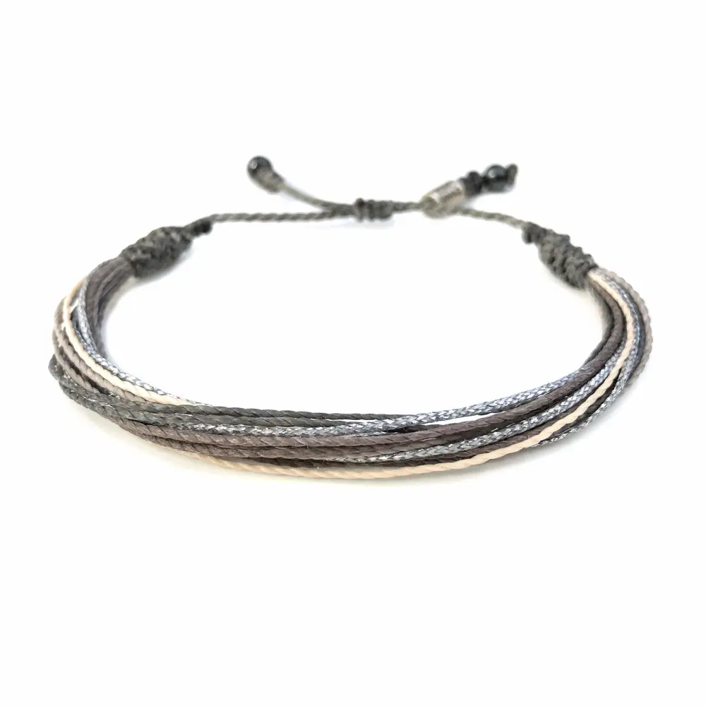 Grey String Bracelet with Hematite Stones in Gray, Off-White, and Metallic Silver - Handmade Surfer Rope Friendship Bracelet Adjustable for Men and Women by Rumi Sumaq