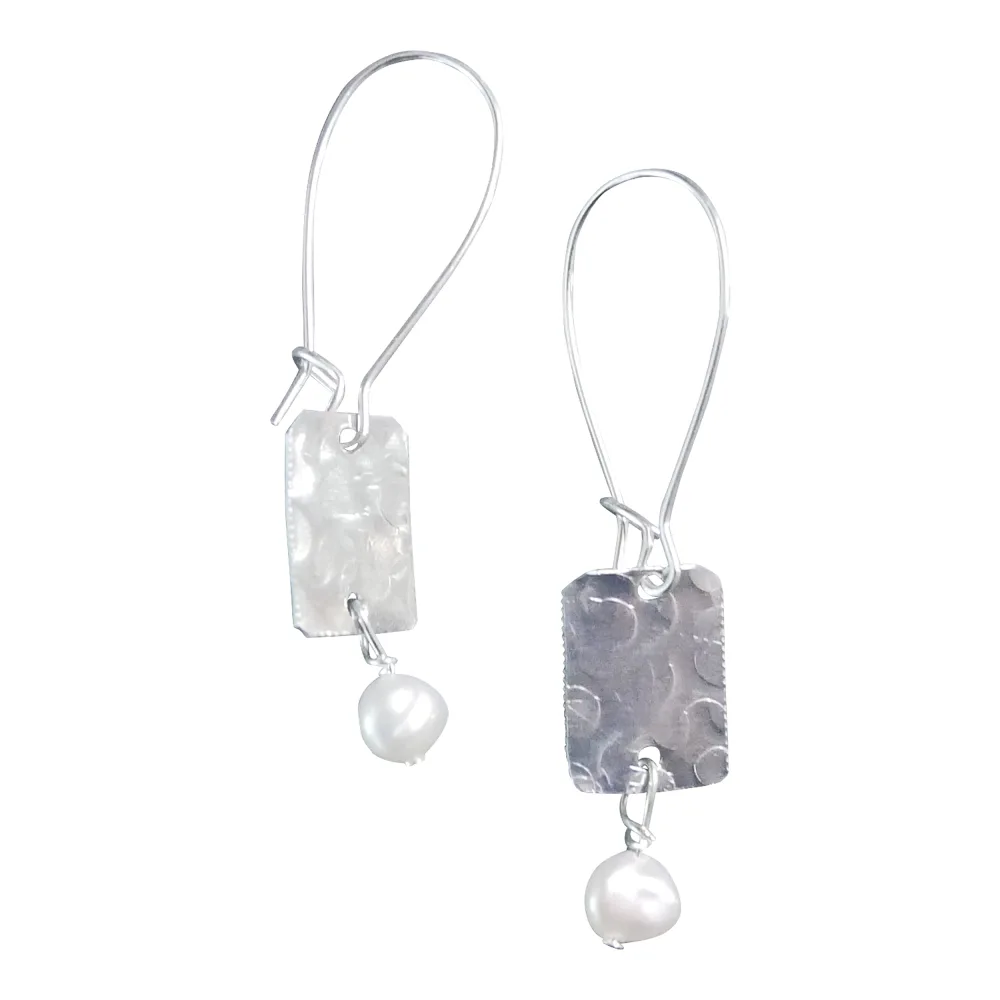 Handmade Lightweight Womens Silvertone Dangle Rectangle Drop Earrings With White Pearls Beads by Bettina