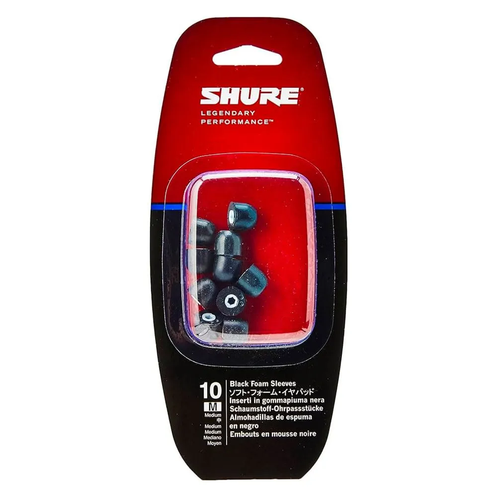 Shure EABKF1 Black Foam Sleeves, Medium, 10 Pack (5 Pairs), Replacements for E1, E3, E4, E5, SCL3, SCL4, SCL5, SE110, SE210, SE310, SE420, SE530, SE115, SE215, SE315, SE425, SE535, SE846 (EABKF1-10M)