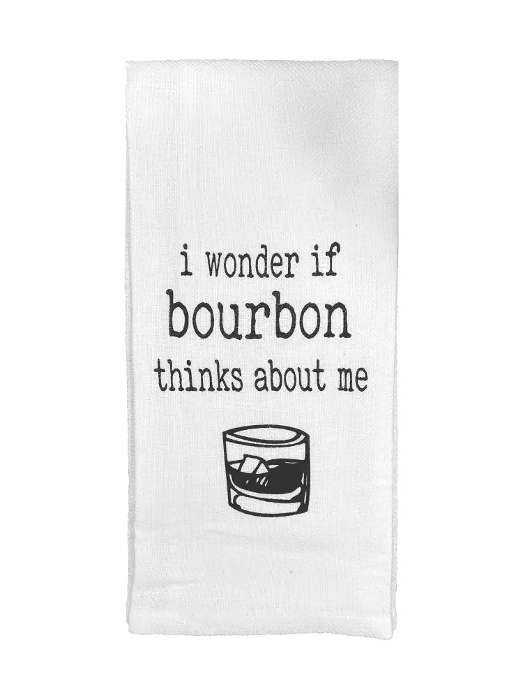 I Wonder If Bourbon Thinks About Me Tea Towel | Dish Towels with Funny Bourbon Whiskey Sayings are Perfect for Home, Bar, or Kitchen | Funny Gift for Old Fashioned Cocktail Lovers