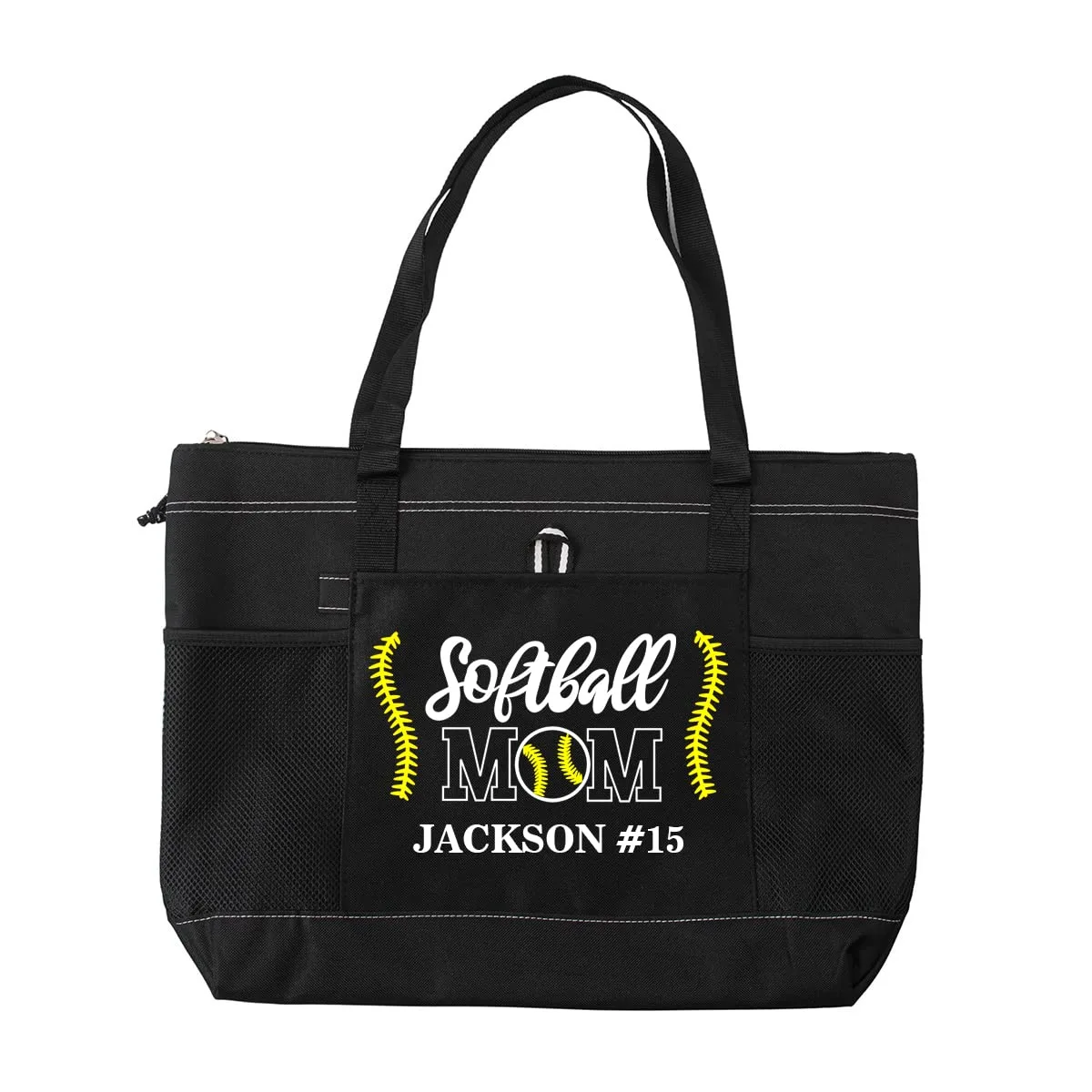 Baseball/Softball/Softball/Softball Mom Tote Handbag, Large Oversize Canvas Sports Travel Zippered Tote Bag with Pocket, Shopping Bag Gift for Mom (Softball Mom, Black)