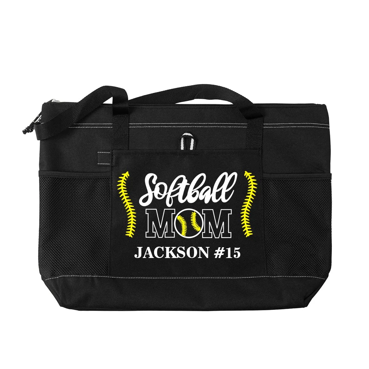 Baseball/Softball/Softball/Softball Mom Tote Handbag, Large Oversize Canvas Sports Travel Zippered Tote Bag with Pocket, Shopping Bag Gift for Mom (Softball Mom, Black)