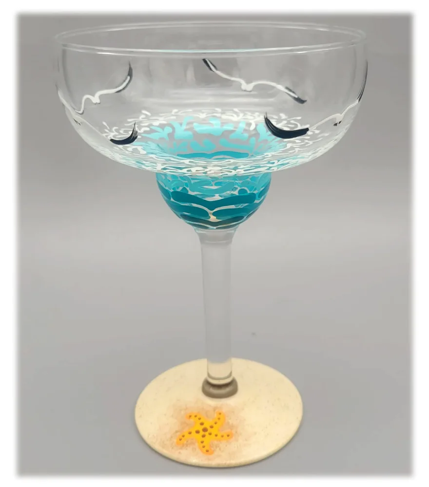 Beach Margarita Glass - Hand Painted - Sea, Waves, Seagulls, Starfish, Sea Turtle, Shell, Sand, Summer