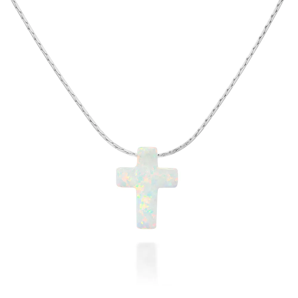 White Opal Cross On Thin Sterling Silver Choker Necklace - Designer Handmade Short Necklace - Length: 13.5 inch + 3 inch Extender (white, sterling silver)