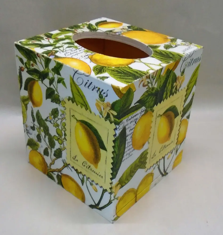 Handmade Decoupage Wood Tissue Box Cover, Lemons, Citrus