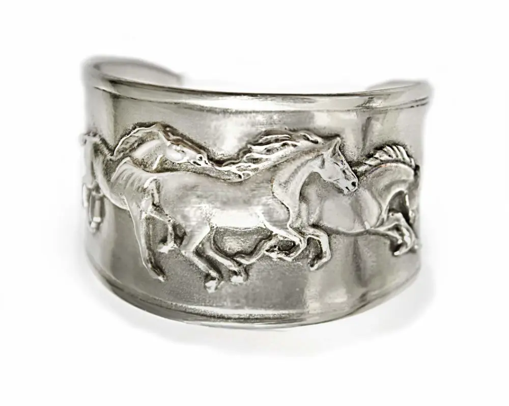 bracelets, Galloping Mustangs Frieze on cuff bracelet handmade artist USA in silvery pewter