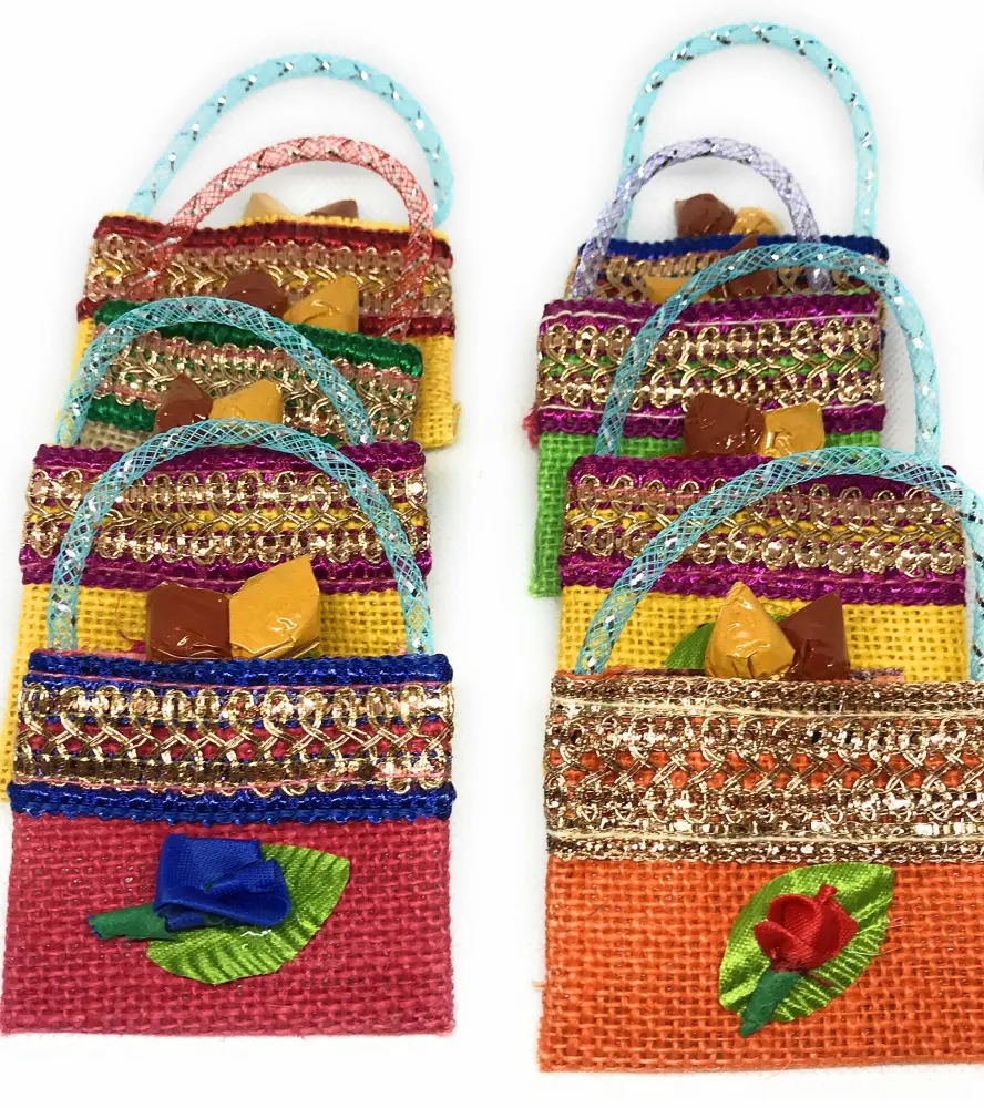 Pack of 10 Haldi Kumkum handmade decorative jute bags