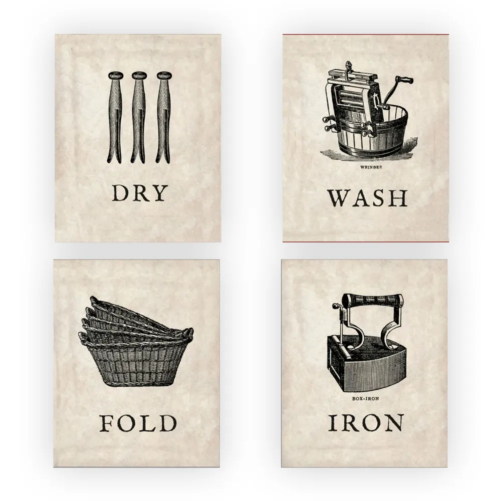 Wash-Dry-Iron-Fold - Laundry Room Wall Art Decor. Vintage laundry Drawings Wall Print To Symbolize The Home Duties Wall Print. Ideal For Home Decor, Farmhouse Laundry Decor. Unframed - 8x10" (4-PK)