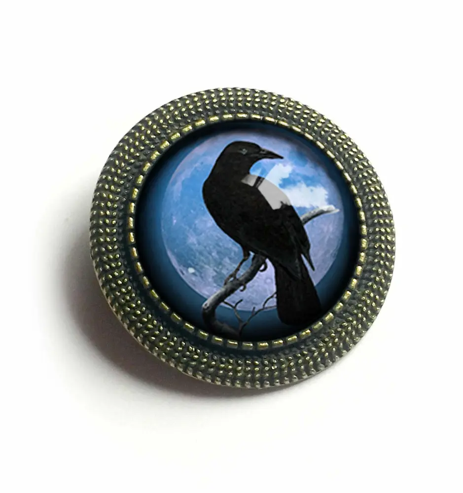 Purple Crow Or Raven Silhouette On Full Moon Brooch