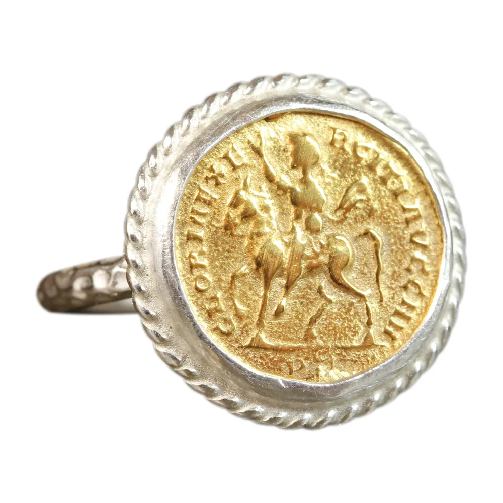 Caprixus Signet Ring 925 Sterling Silver Coin Ring 24K Gold Vermeil Designer Handmade Rings for Women Two Tone Hammered Pinky Ring Turkish Fine Jewelry