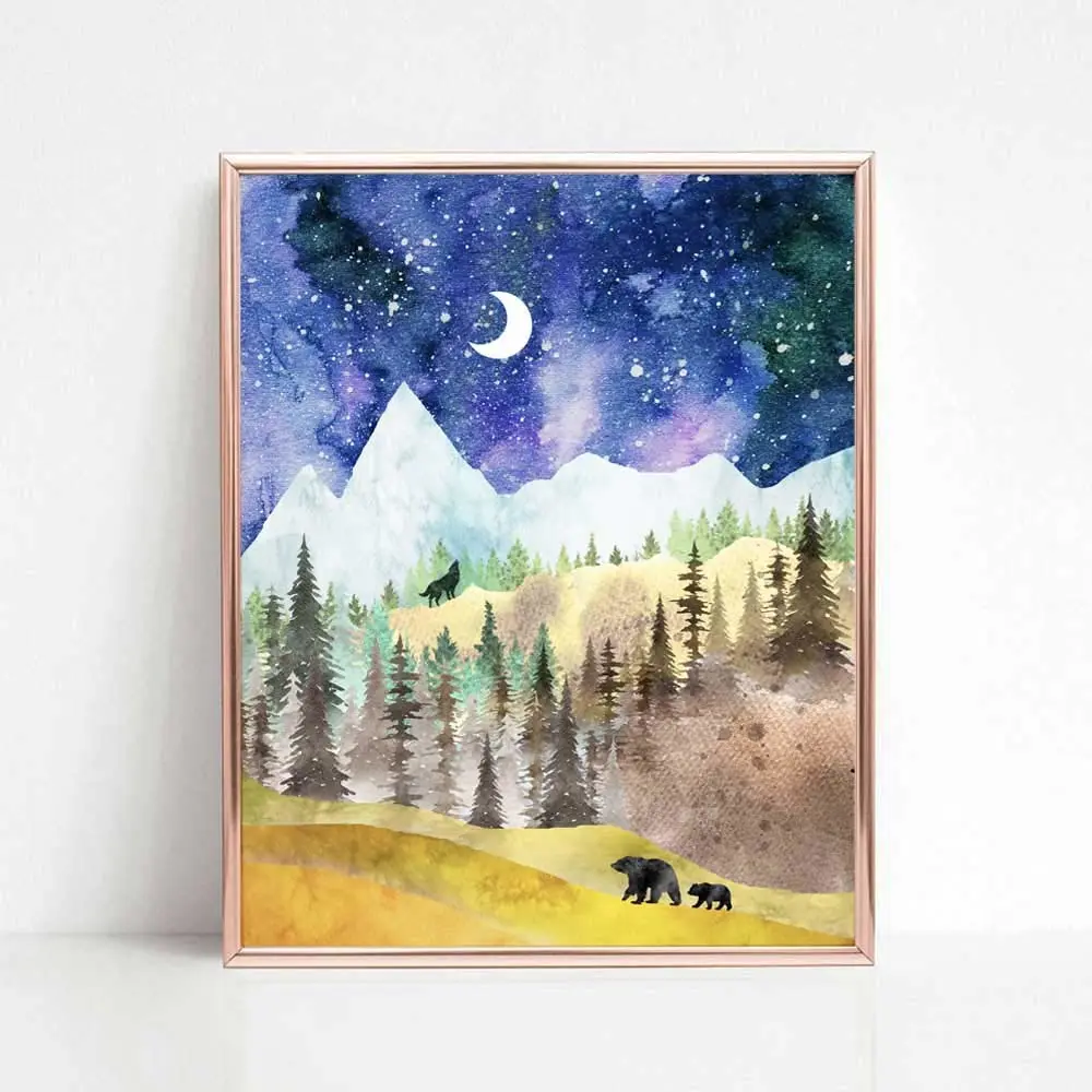 Mountain Art Print, Nature Print, Wild Nature Art, Forest Decor, Watercolor Painting, with Animals, Outdoor Print, Bear, Wolf, No Framed (Medium)