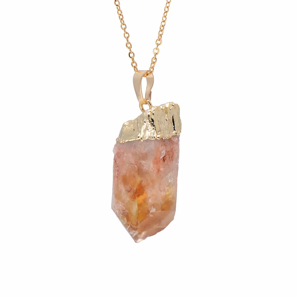 Natural Healing Crystal Yellow Citrine Rough Stone Pendant Necklace, Yellow Gold Tone