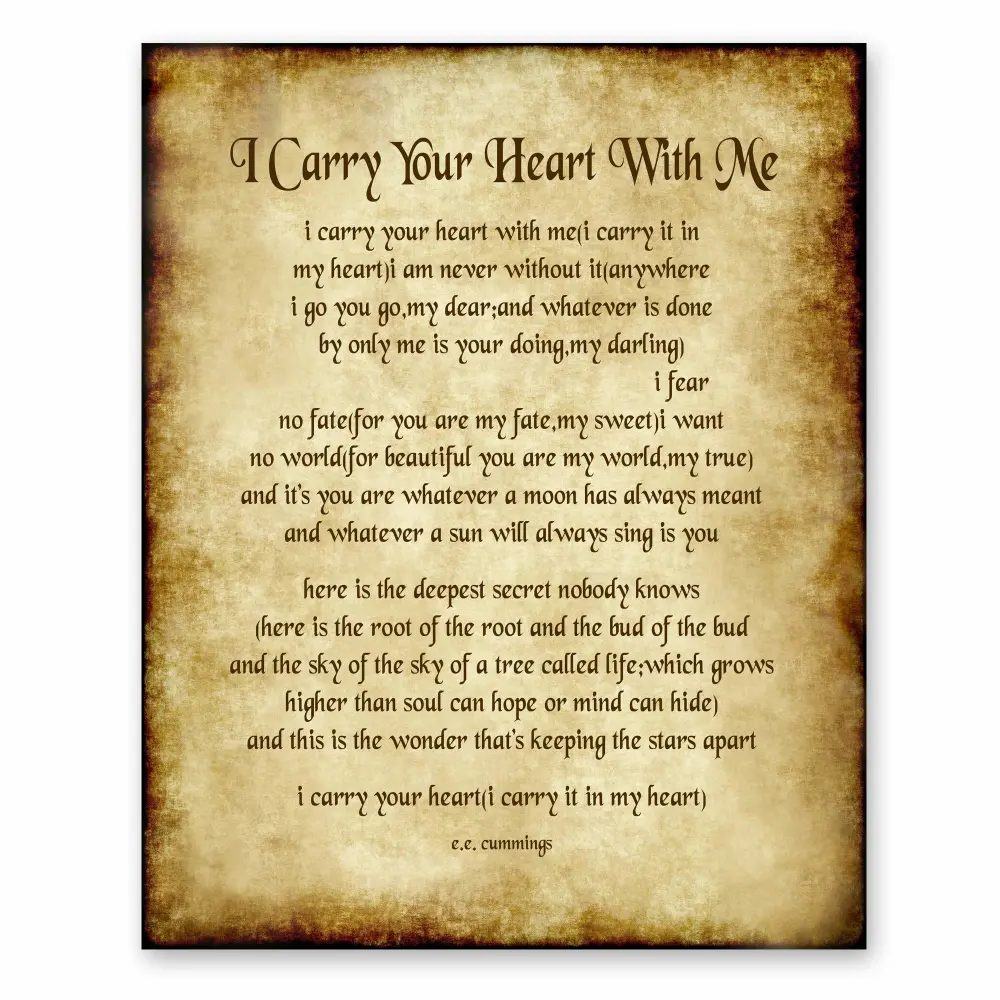 I Carry Your Heart With Me Poem by E.E Cummings Home Decor Wall Art Poetry Gift 8x10 Antique Style Print