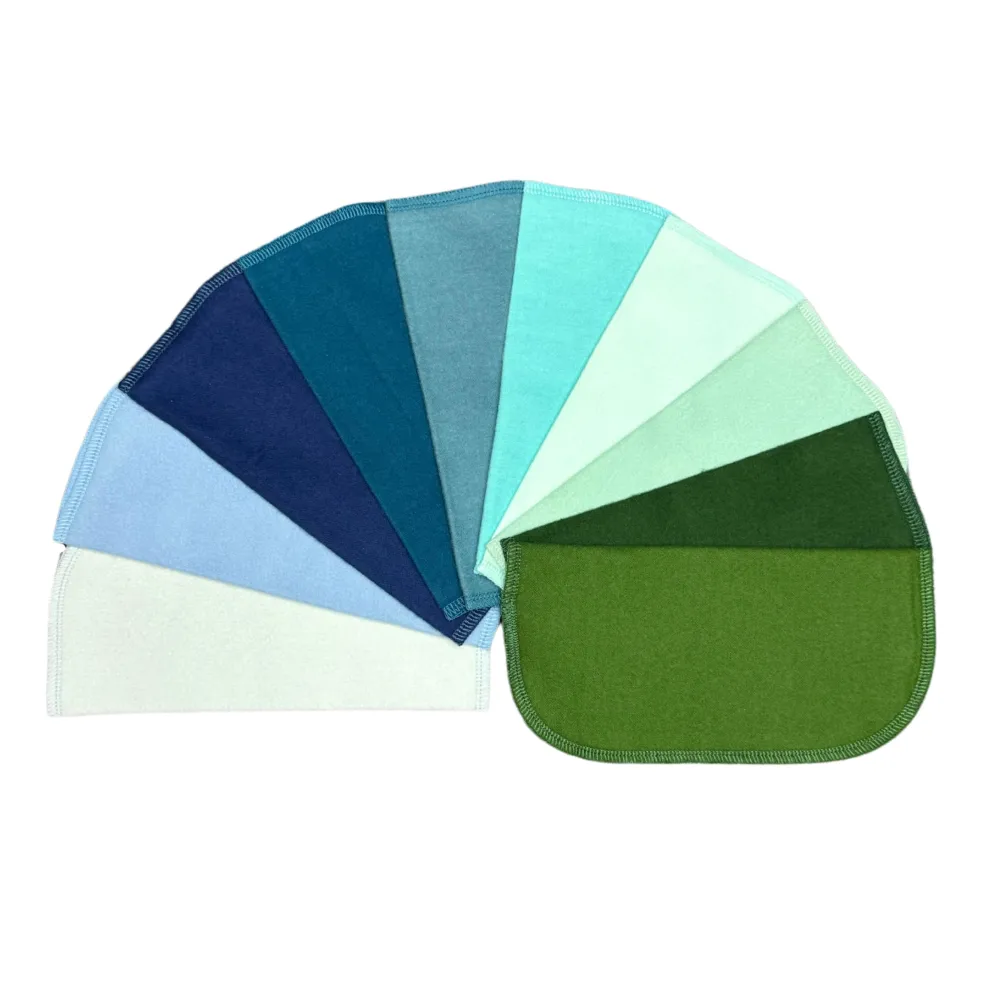 1 Ply Solid Color Flannel 8x8 Inches Little Wipes Set of 10 Assorted Blues and Greens- Proudly Made in the USA!