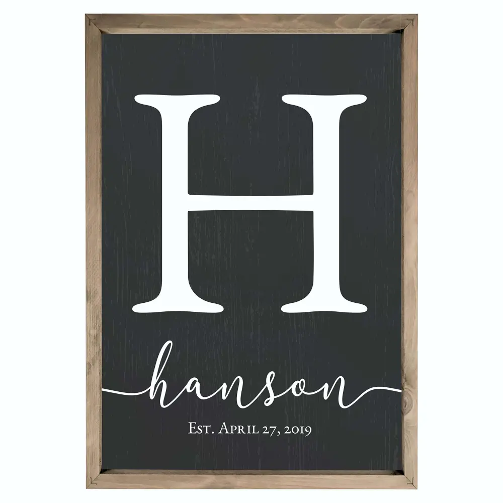 Framed Wooden Family Name Sign Personalized Wood Monogram Choose from Four Sizes (12" x 18", Weathered Grey Frame, Black Background)