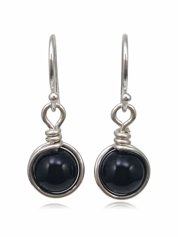 Sterling Silver Black Onyx Natural Gemstone Dangle Drop Earrings