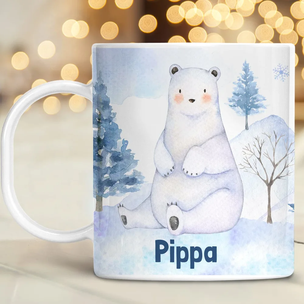 Kids Christmas Mug Customize with Name Polar Bear Winter Snow Unbreakable Child's Hot Cocoa Cup | Dishwasher Safe BPA and Melamine Free