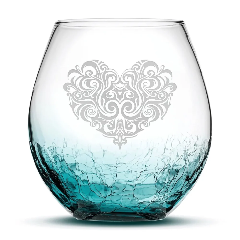 Integrity Bottles Tribal Heart Design Stemless Wine Glass, Handmade, Handblown, Hand Etched Gifts, Sand Carved, 18oz (Crackle Teal)