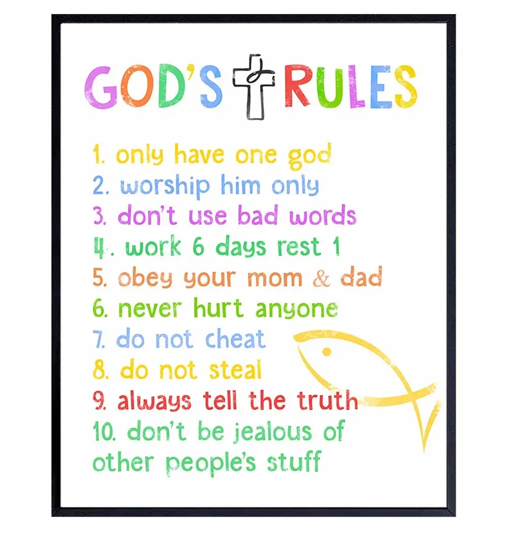 Ten Commandments for Kids - Religious Scripture, Bible Verse Wall Art - Bedroom Decor - Kids Wall Art - Christian Gift For Child, Boys, Girls Room, Nursery, Baby Room - Pastel Colors Poster
