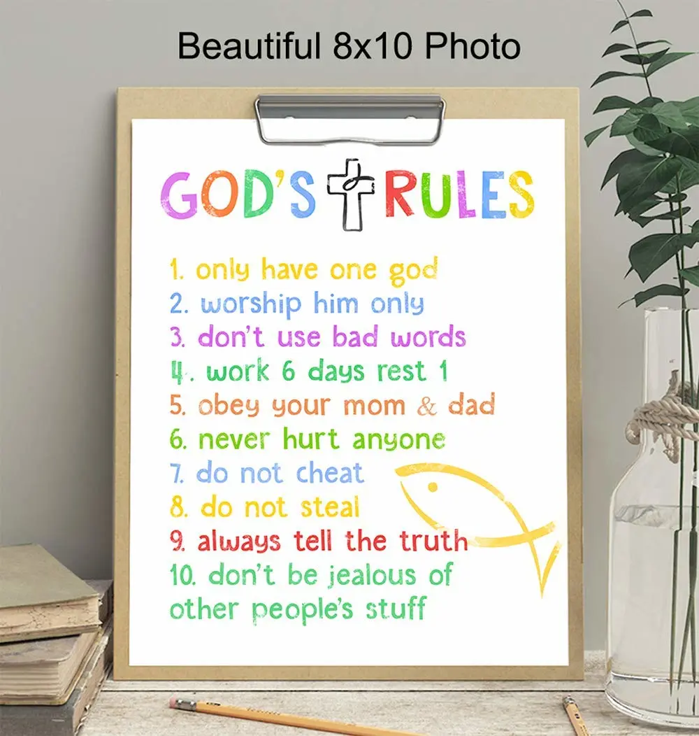 Ten Commandments for Kids - Religious Scripture, Bible Verse Wall Art - Bedroom Decor - Kids Wall Art - Christian Gift For Child, Boys, Girls Room, Nursery, Baby Room - Pastel Colors Poster